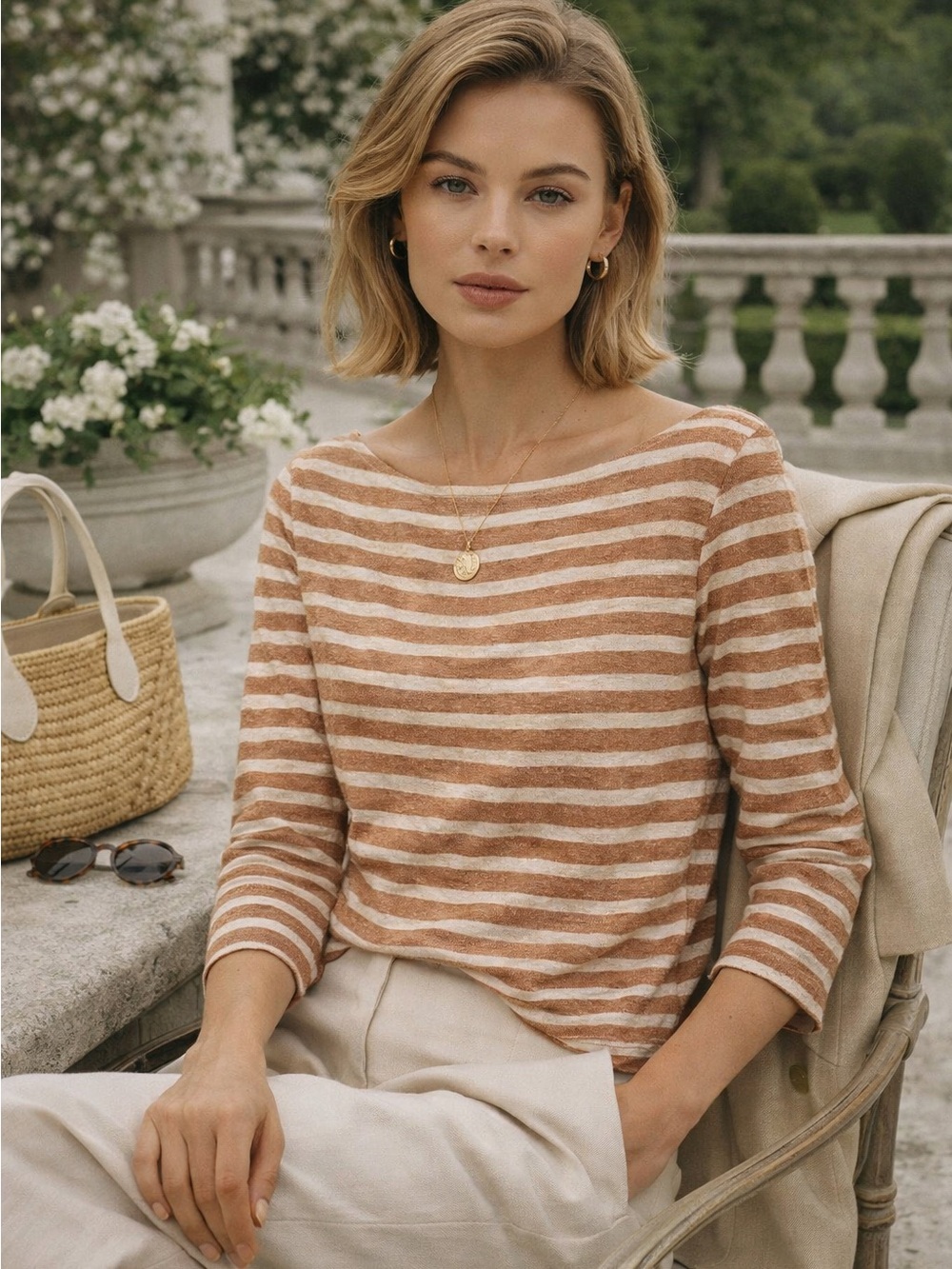 Tory Burch Striped Top Shirt Long Sleeve Sz Small 100% Linen Boat Neck Soft